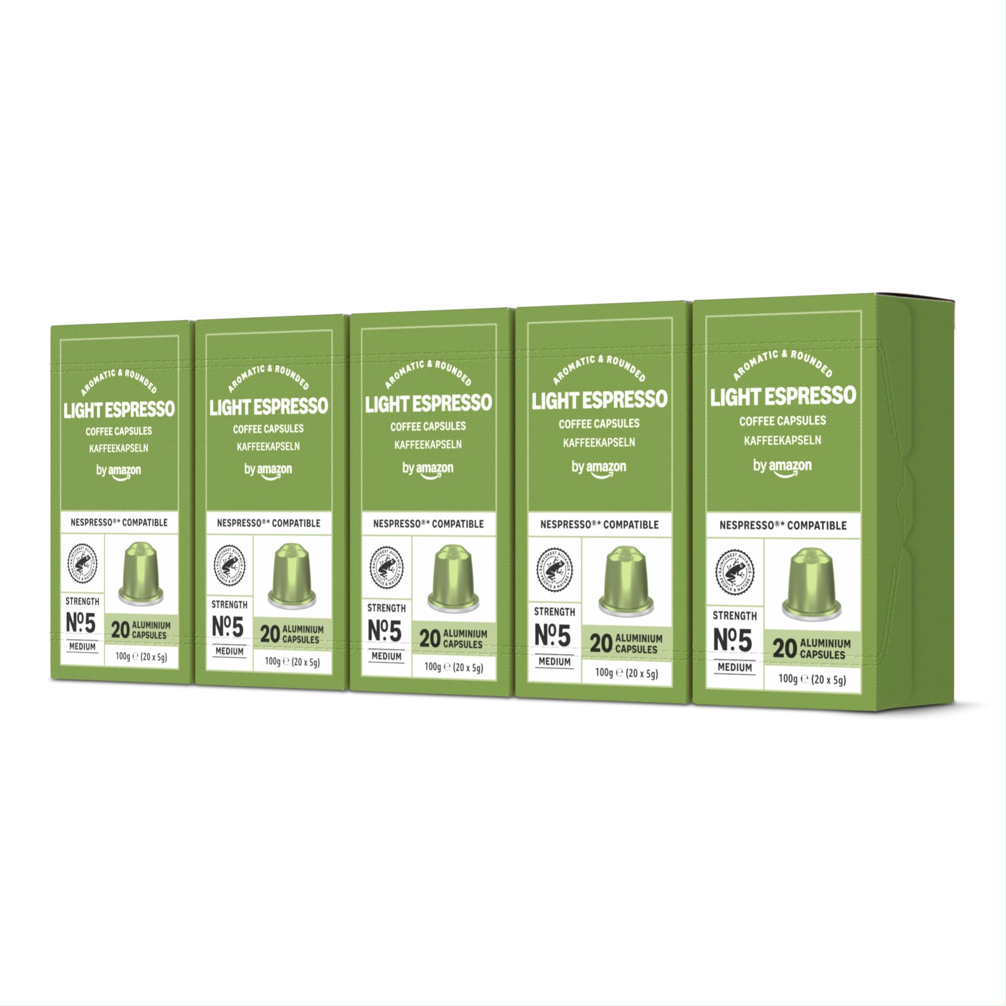 by Amazon Light Espresso Coffee Capsules Nespresso Compatible 100 Pack (5 Packs of 20) - Rainforest Alliance Certified
