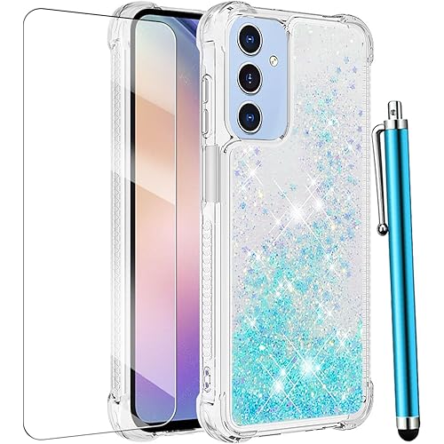 for Samsung Galaxy A15 5G Phone Case with Screen Protector, Glitter Bling Liquid Floating Women Girls Cute Soft TPU Slim Silicone Shockproof Bumper Protective for Samsung Galaxy A15 5G -Blue