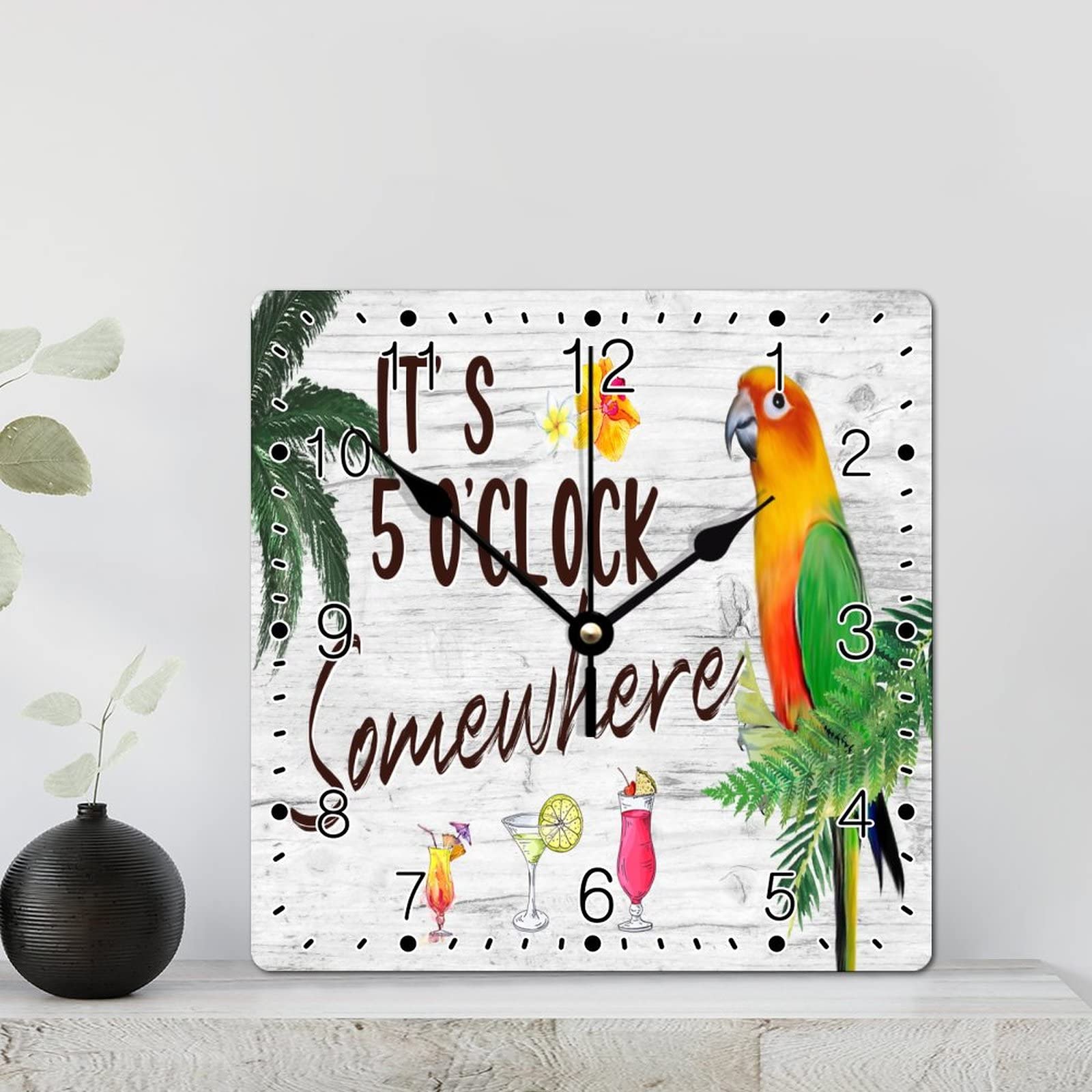 Horloge murale carrée à pile 30,5 cm motif perroquet rustique coloré et arbre tropical