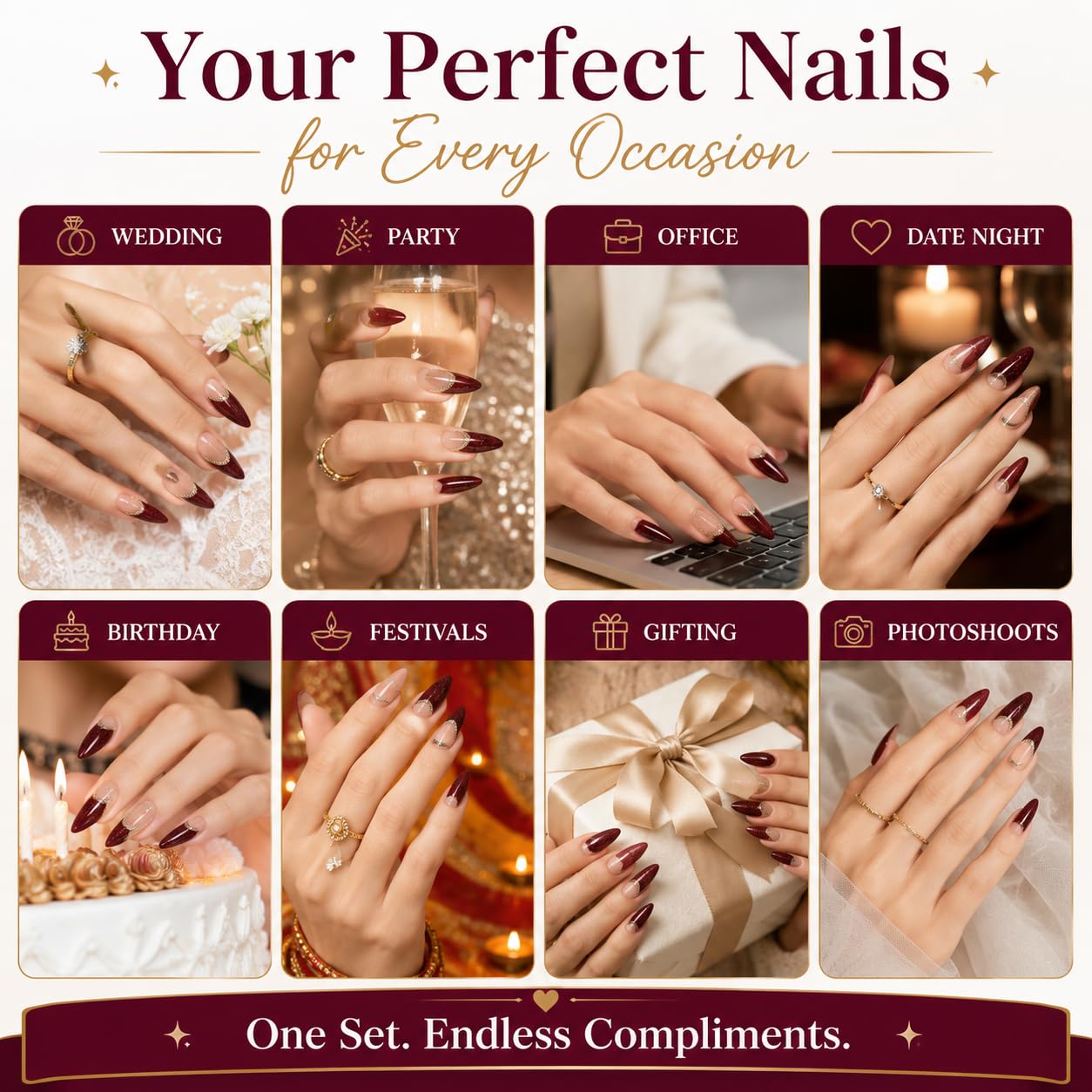 CherryBox 24 Pcs Almond, Stiletto French Tip, Glossy Fake Nails with Silver Glitter Design, Reusable Acrylic Stick on for Women Girls (Jelly Glue Adhesive Tabs and Glue Included) Red Colour 3