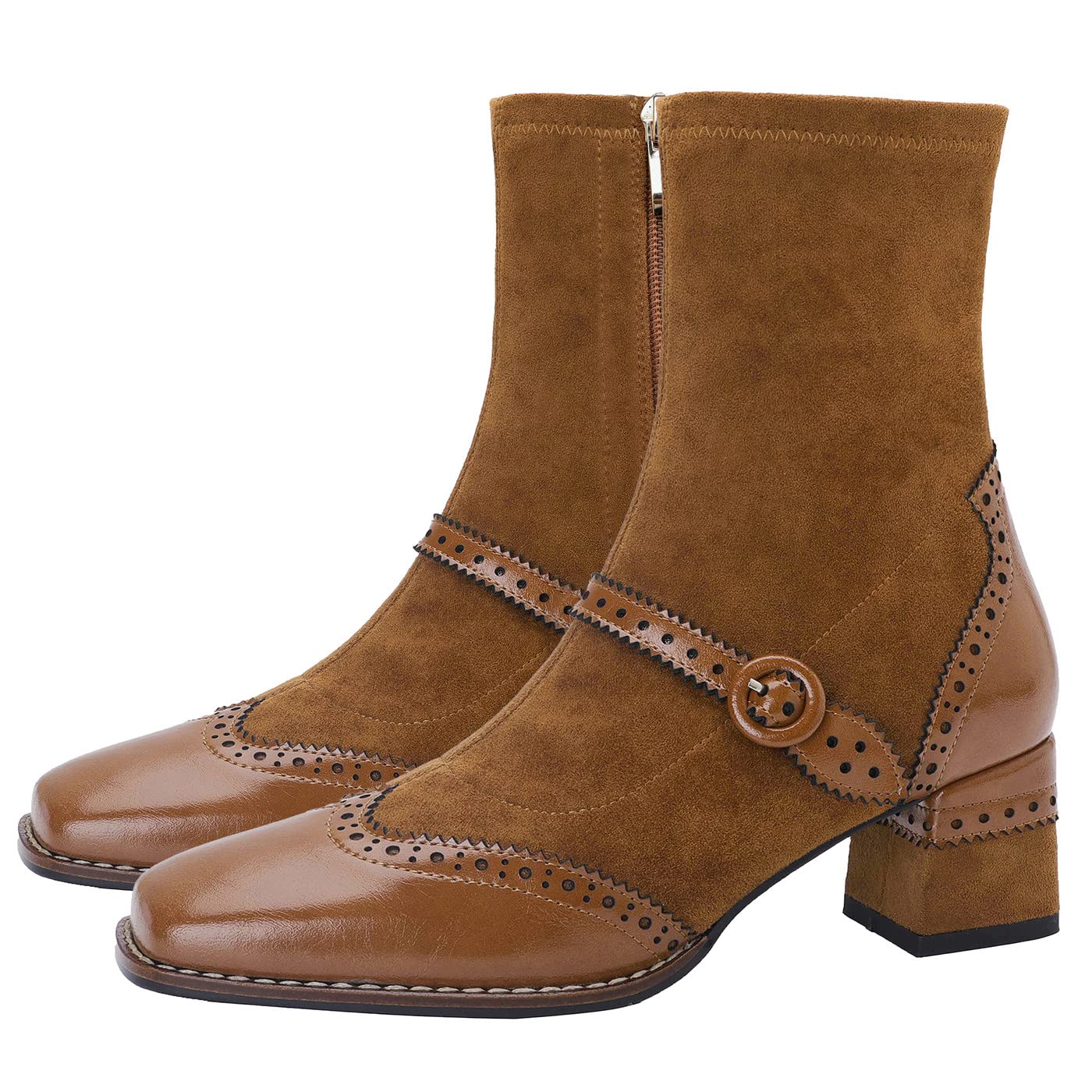 U-lite Womens Elastic Suede Fall Winter Square Toe Shoes Leather Mid Heel Ankle Boots Buckle Strap Embellishment Booties