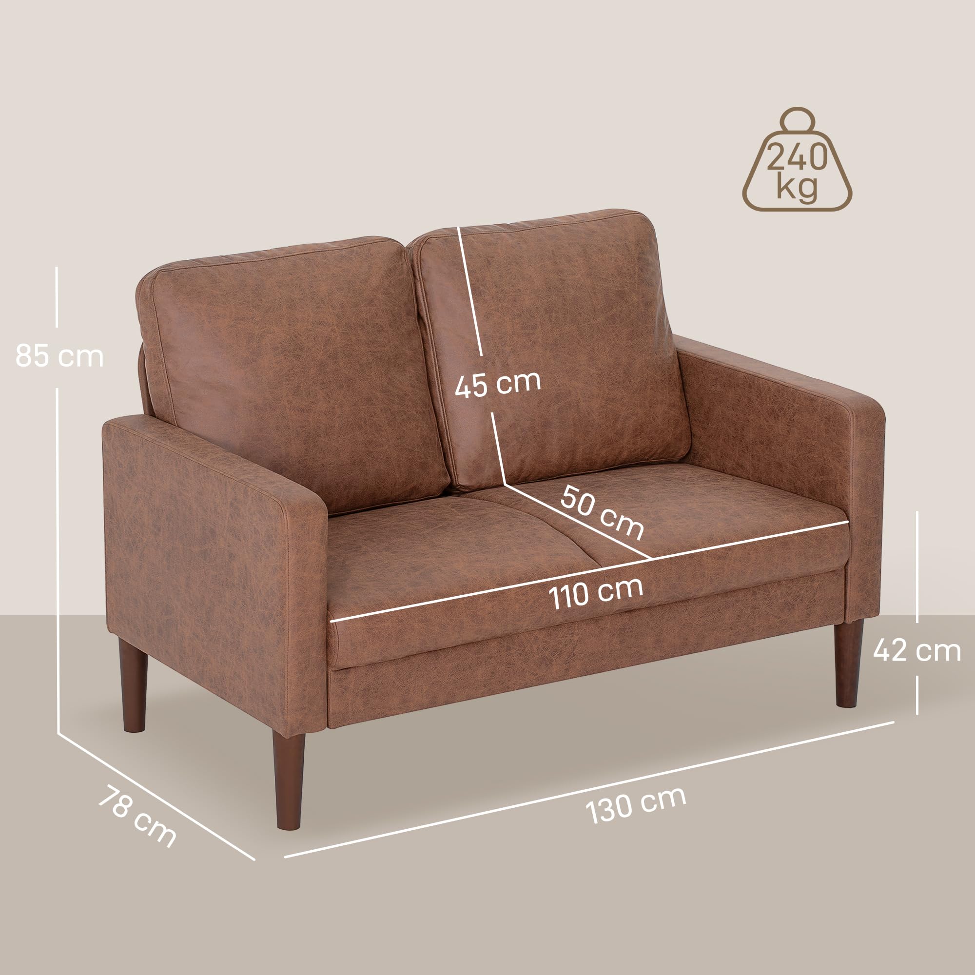 HOMCOM Sofá de 2 Plazas, Tapizado en Microfibra, Sofá Moderno con Patas de Madera, Reposabrazos, para Salón, Dormitorio, Oficina, Sala de Estar, 130x78x85 cm, Marrón
