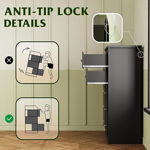 Vista 8 de WLIVE Cómoda de madera con 5 cajones, cómoda negra de 45 pulgadas de alto para dormitorio, cómoda, armario de almacenamiento y cajones organizadores