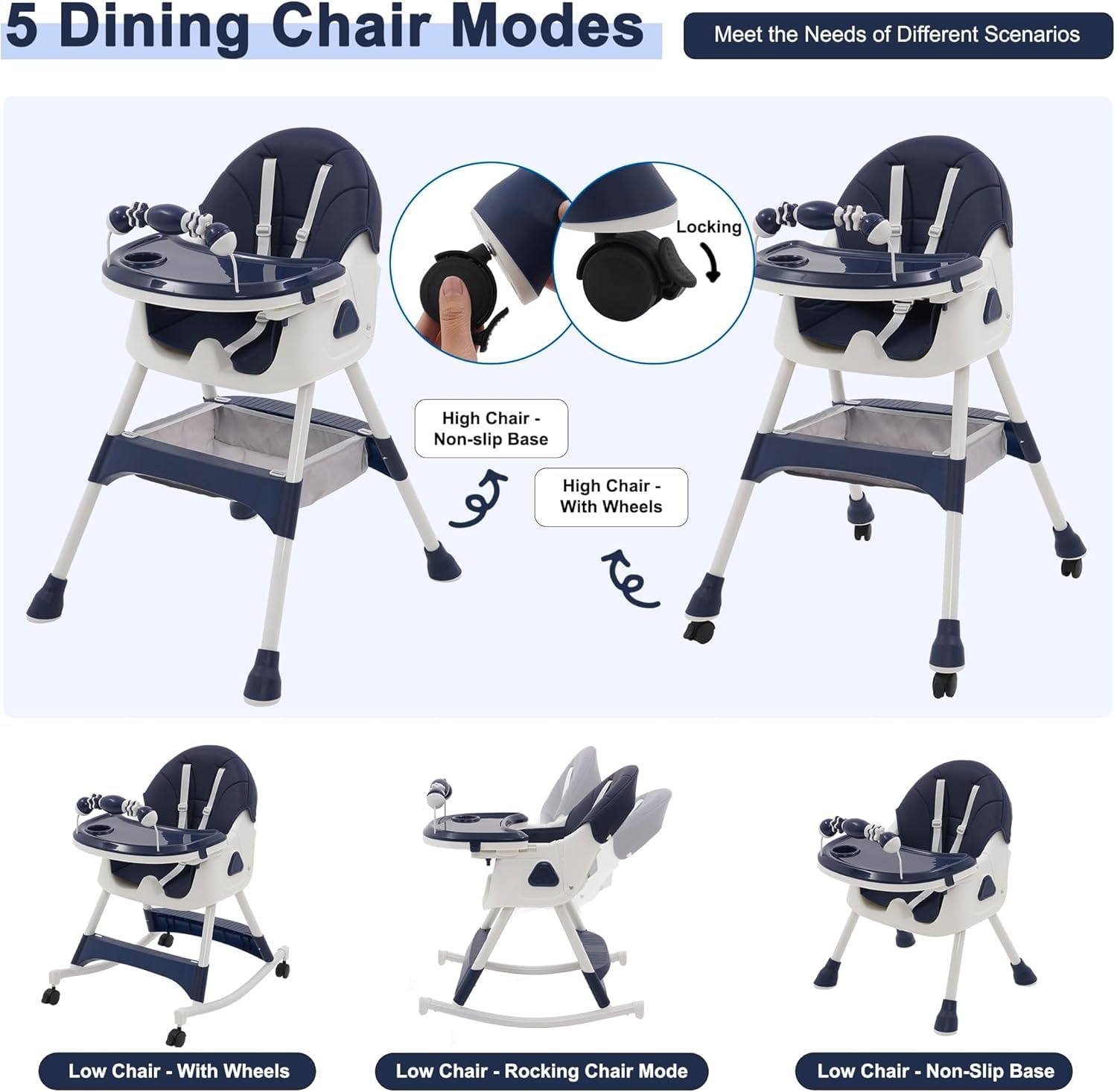 3 en 1 Chaise Haute bébé Evolutive Pliable Chaise Haute Inclinable Enfant Chaise Reglable Hauteur avec Roue Verrouillable et Double Plateau, porte-jouets, de 6+ Mois, 4 Angles Ajustables
