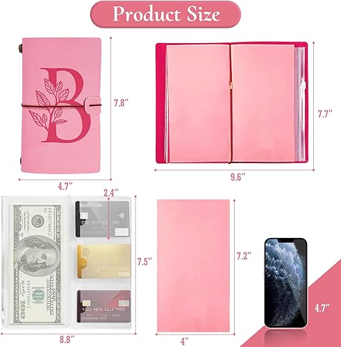 Miniatura 5 de Diario personalizado para regalo, diario de cuero con inicial rosa + juego de bolígrafo de corazón de diamante, cuaderno de viaje, bloc de notas