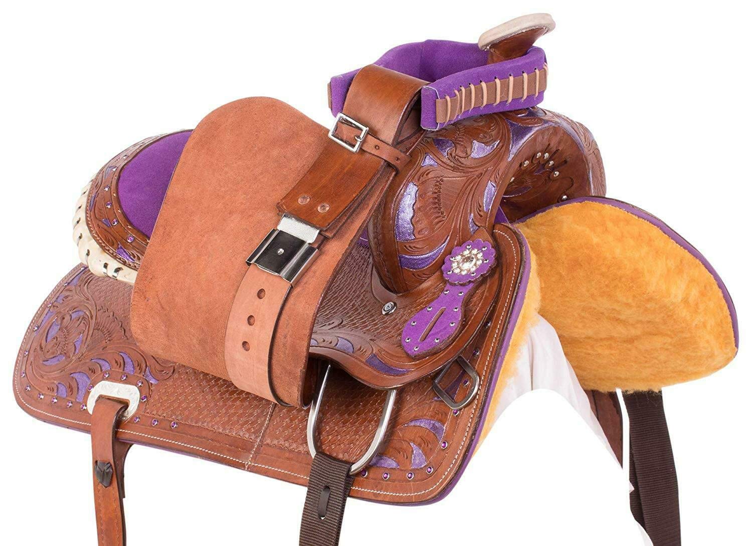 Sella per cavalli western viola, da corsa, in pelle bovina di alta qualità, set di sella per cavalli