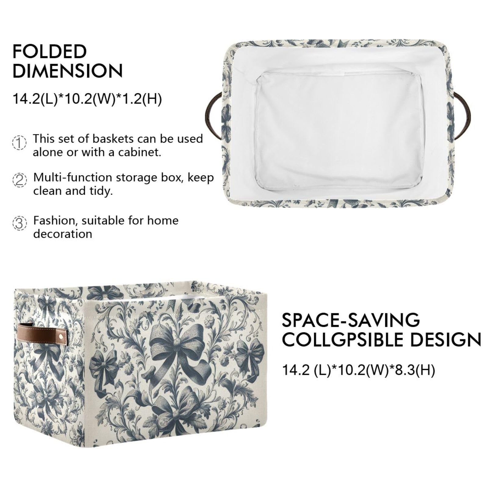 PaChyLuu Black Bows Storage Basket Bin Canvas Fabric Organizer Toys Basket with Handles for Home Office Nursery, Clothes, Gifts, 2 Pcs