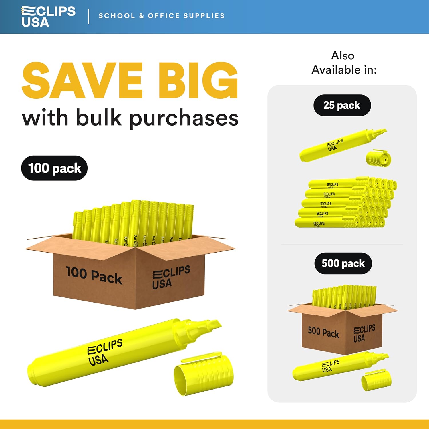 E-CLIPS USA Highlighters Bulk, Yellow Highlighter Markers, Chisel Tip, Fluorescent Yellow, Office Supplies, School Supplies (100 Pack)