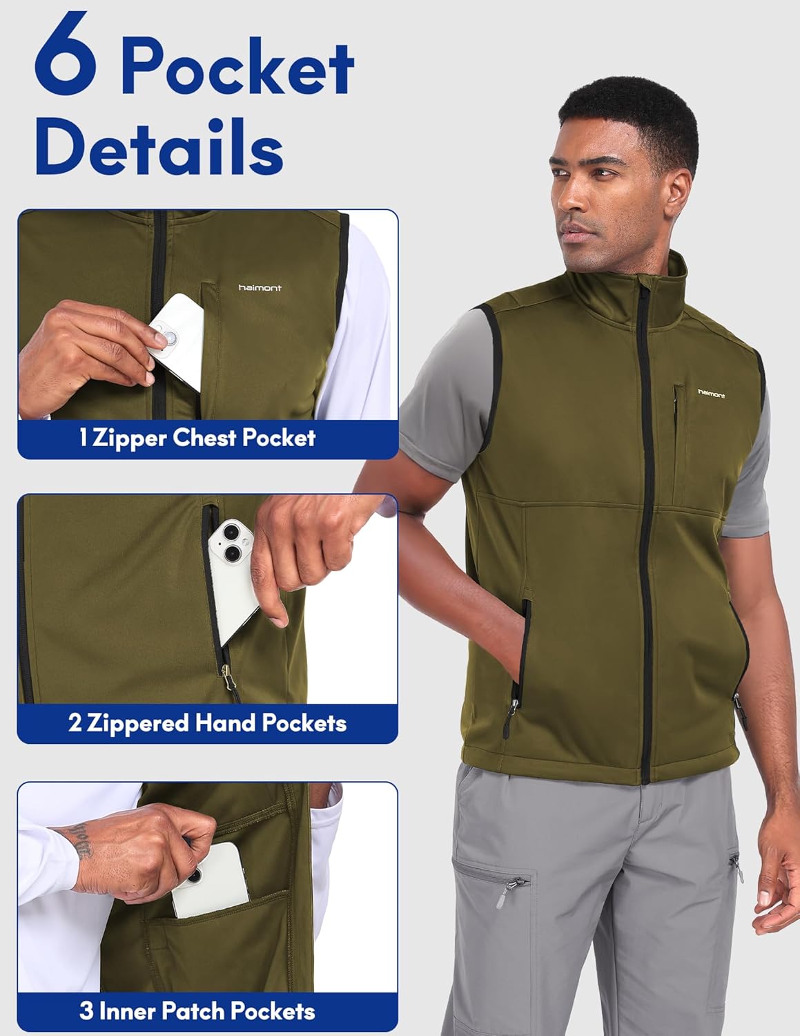 Haimont Men's Lightweight Vest Windproof Sleeveless Jacket Outerwear Multi-Pockets Zip Up for Hiking Running - Image 2