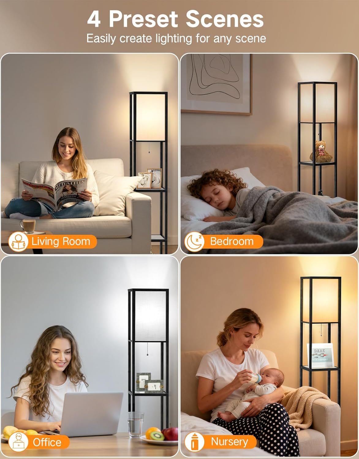 OUTON Floor Lamp with Glass Shelves, 12W LED Bulb, Large Storage Display Wood Shelf Lamp 3 Color Temperature, LED Tall Standing Modern Bookshelf Lamps for Living Room, Bedroom, Office, Black