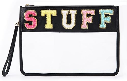 Bolsa transparente para viajes, letras de chenilla cosidas en bolsa con cremallera, bolsas de cosméticos de cuero de PVC y PU, bolsa de protección