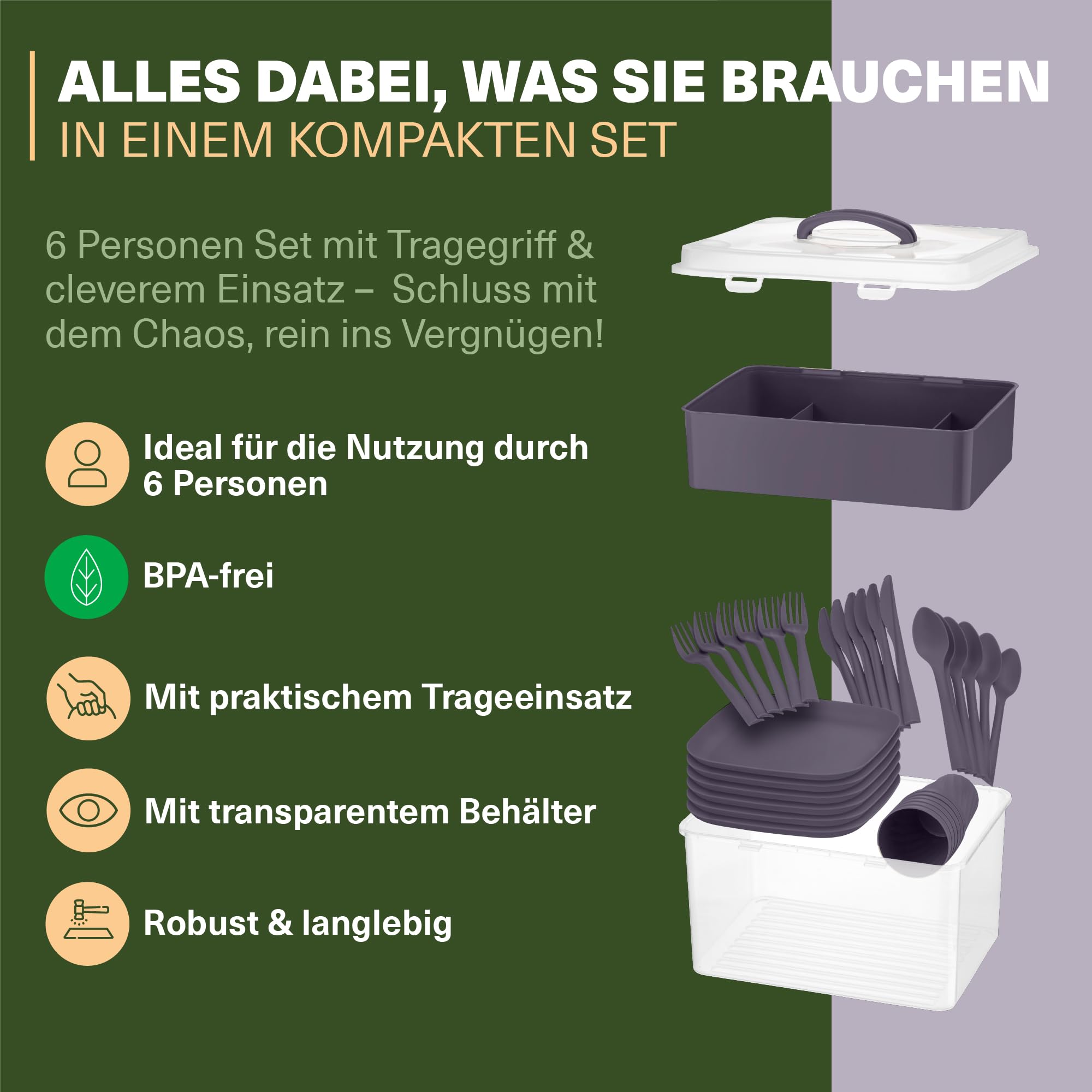 Viwares Picknick Geschirrset für 6 Personen – 33-teiliges Camping Set aus robustem Kunststoff – mit Tellern, Bechern, Besteck & Einsatz – BPA-freie Transportbox mit Tragegriff – Outdoor Picknickbox