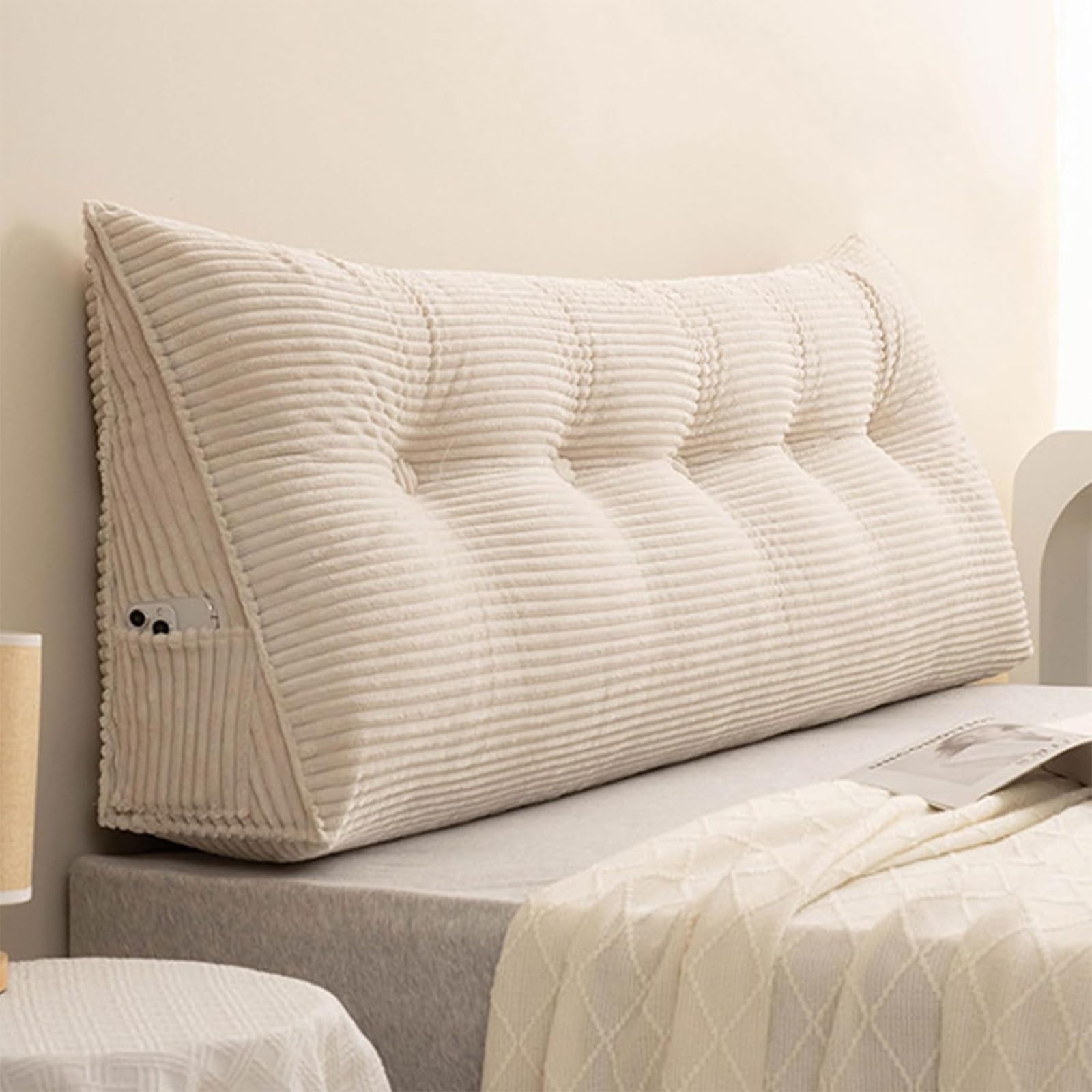 AIUTG Large Triangular Headboard Cushion, Corduroy Reading Pillow with Removable Washable Cover, Bed Backrest with Side Pocket, Support Cushion for Sofa(Beige,120x50x20cm)