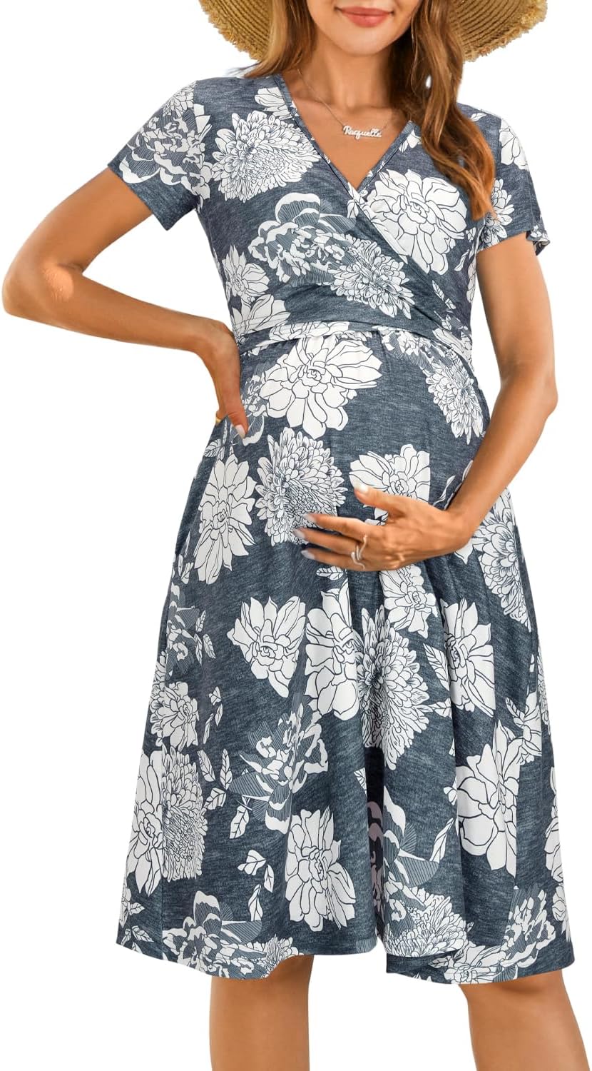 OUGES Maternity Nursing Dress Breastfeeding Short Sleeve V Neck Casual Pregnancy Clothes with Pockets - Image 6