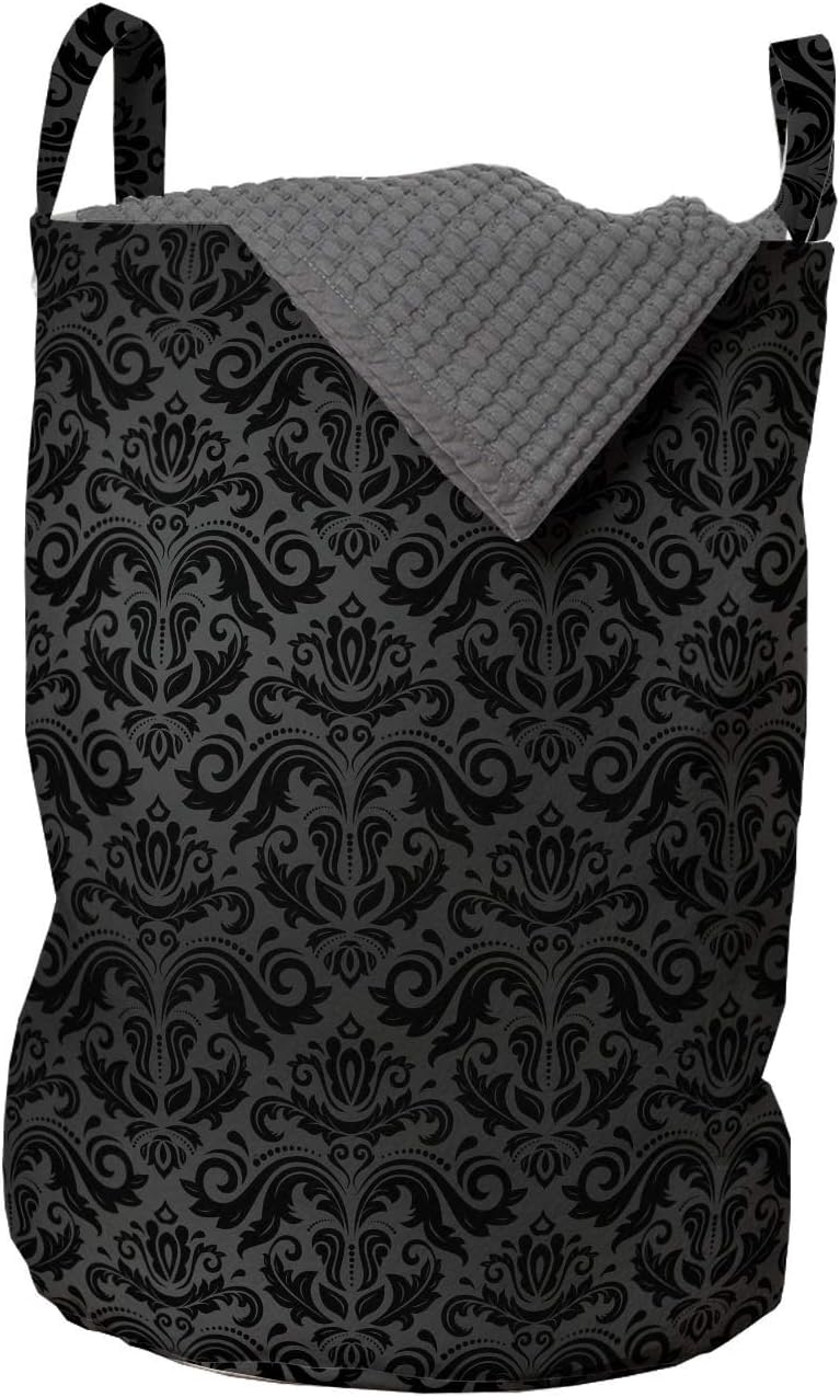 Ambesonne Dark Grey Laundry Bag, Black Damask and Floral Elements Oriental Antique Ornament Vintage, Hamper Basket with Handles Drawstring Closure for Laundromats, 13" x 19", Black Grey