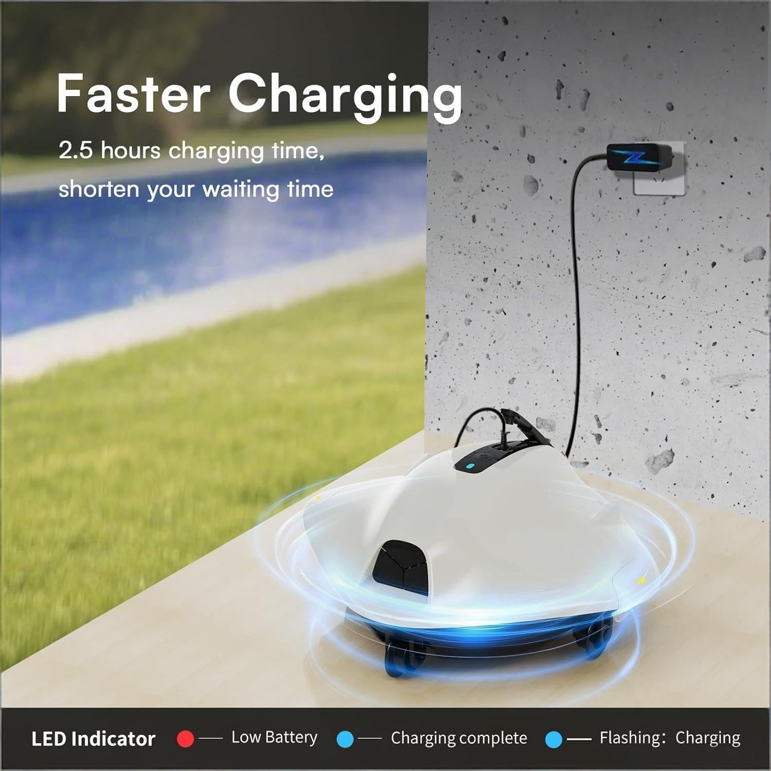 Lydsto S2 Robotic Pool Cleaner charging with an LED indicator, showing a 2.5-hour charging time.