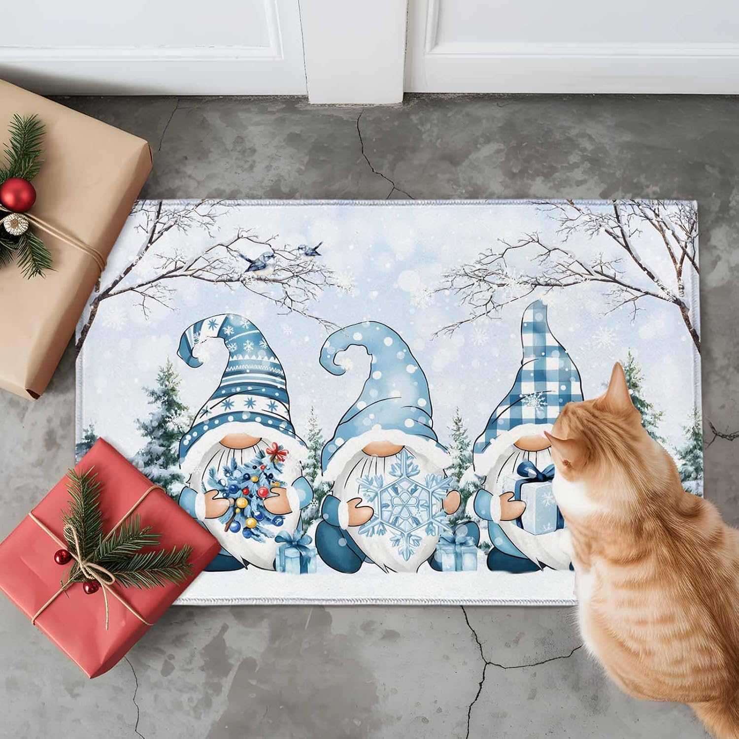 Welcome Doormat Non-Slip Bath Rugs 18x30in, Blue Gnome Christmas Tree Squirrel Snowflakes Indoor Kitchen Rugs Floor Door Mat Winter Snowy Water Absorption Bathroom Carpet Home Decor Entrance Mat