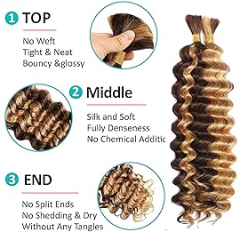 Human Braiding Hair for Boho Braids Human Hair 2 Bundles/Pack 110g 20 Inch Deep Wave Bulk Human Hair for Braiding 4/27 Highlight Ombre Curly Knotless 12A Brazilian Ombre Braids