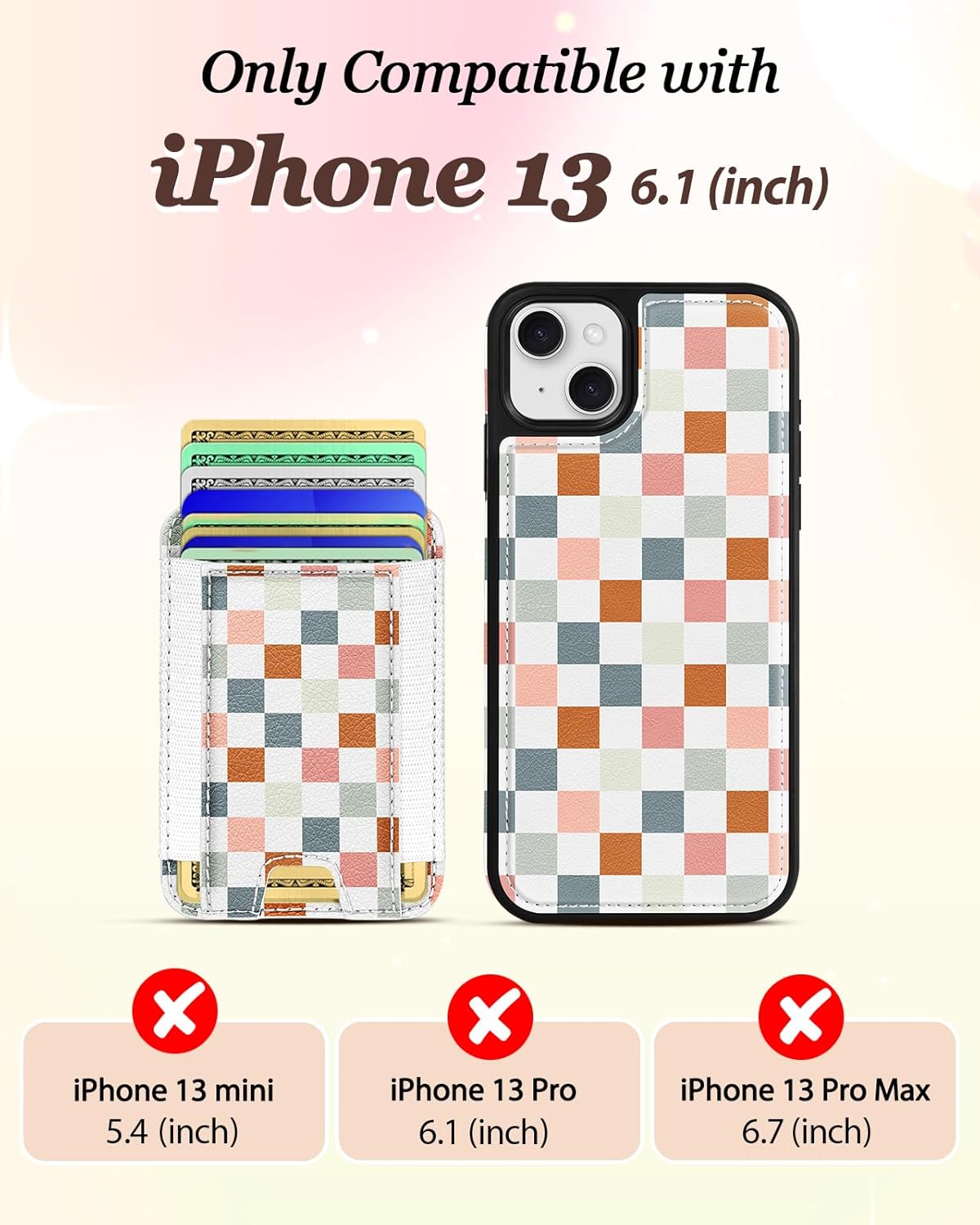 Shorogyt for iPhone 13 Wallet Case - Fits 5 Cards, Compatible with Magsafe Detachable Magnetic Credit Card Holder Leather Cardholder Cute Phone Cover Women Girls for Apple 13, Checkered - Image 2