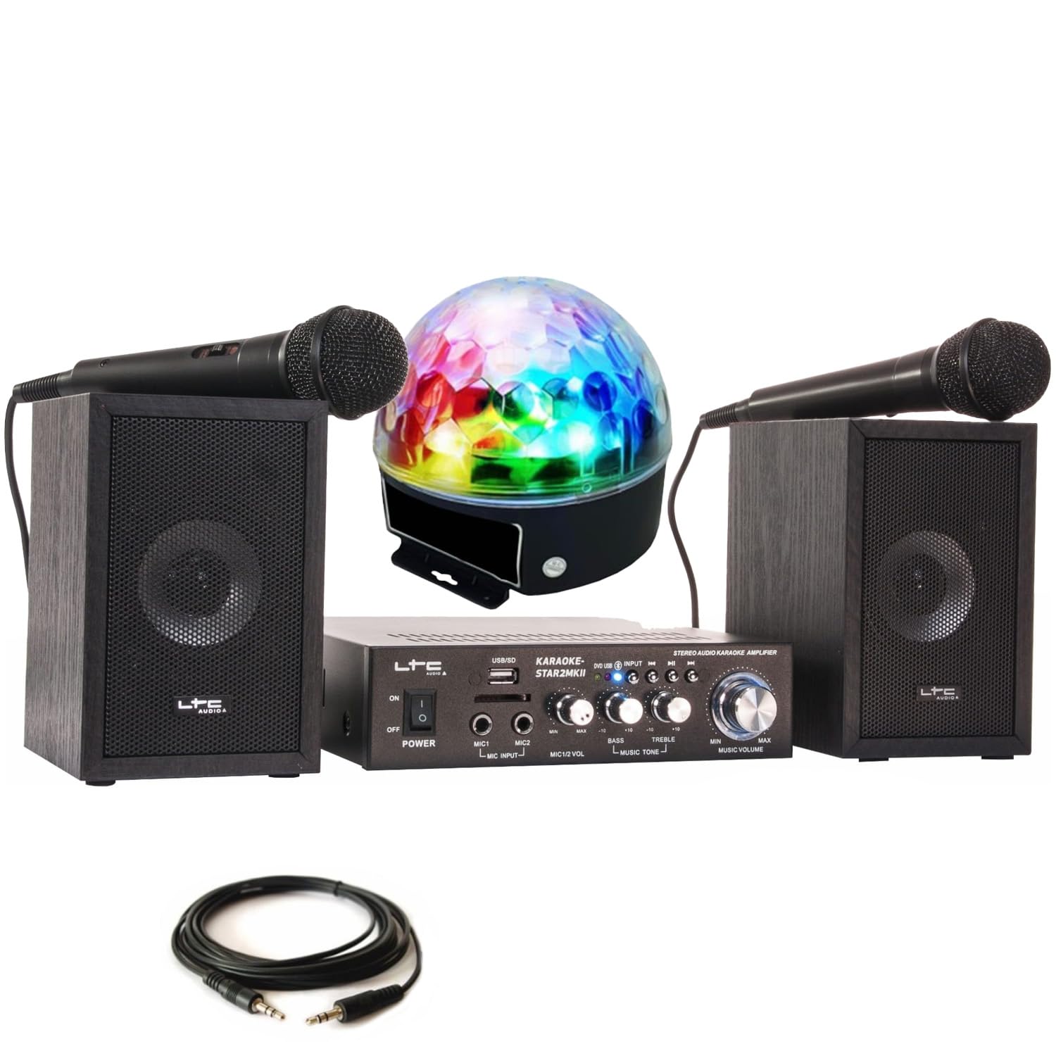 Générique Chanson Pack KARAOKE-STAR2MKII LTC Enfant - 2 Enceintes 2 Micros 1 Ampli Bluetooth USB SD 100W - Jeu Lumière Astro LEDs RGB - Cadeau Soirée