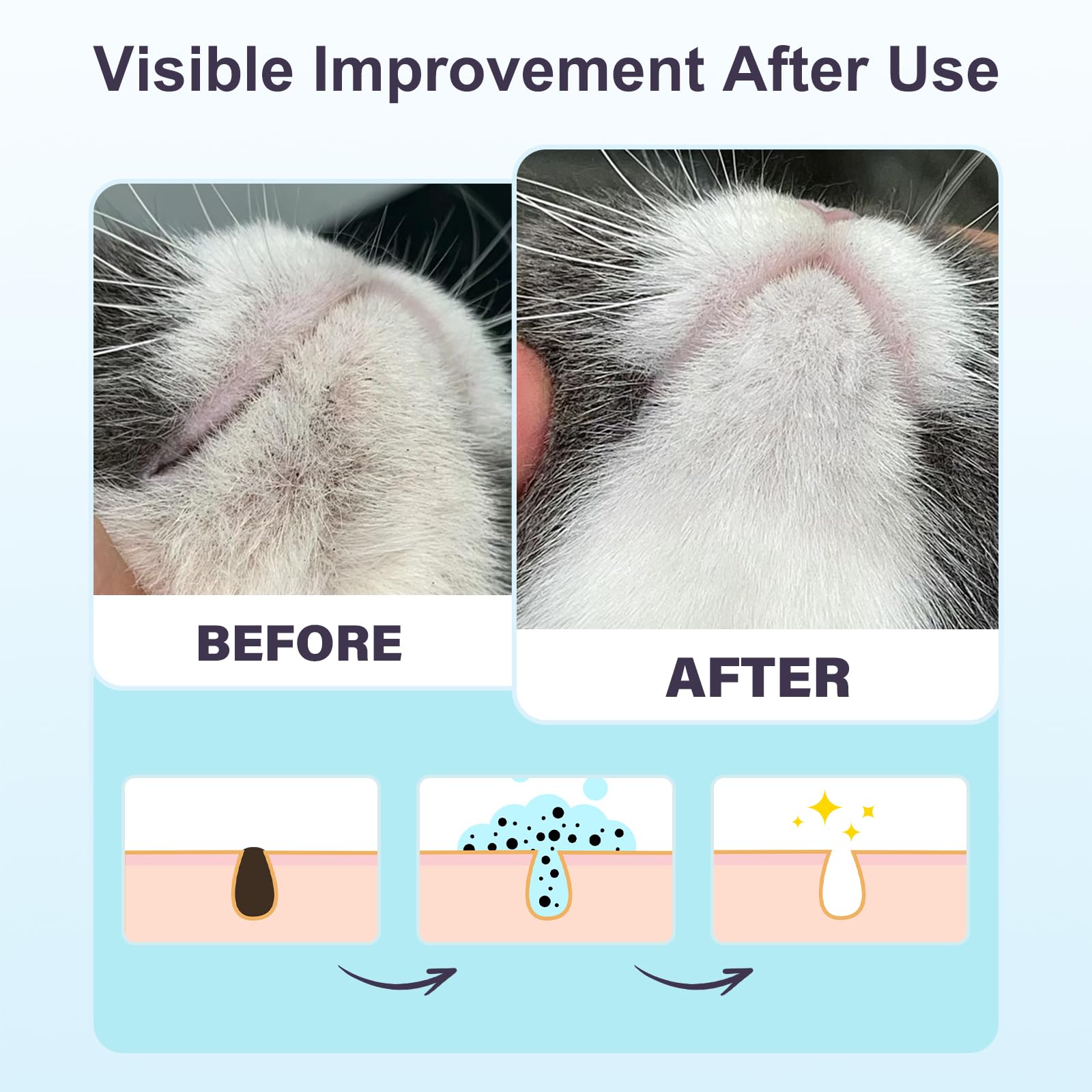Nettoyant de Menton pour Chat, Traitement de l'acné pour Chat, Solution pour enlever l'acné et Les Points Noirs, Ensemble avec Brosse et lingettes Anti-acné, apaise et maintient Une Peau Saine, 65 ML