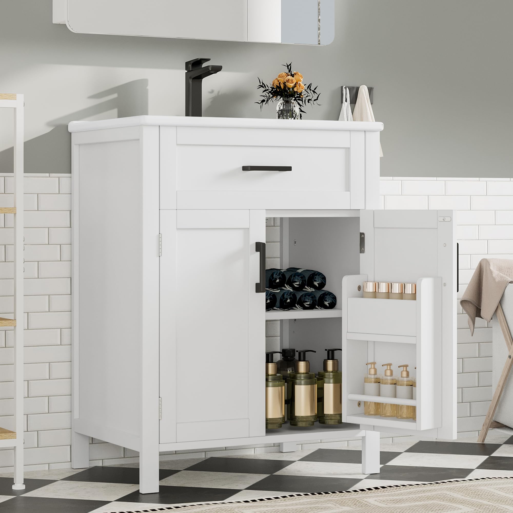 BTM Waschtisch Stehend mit Unterschrank 60cm Breiter Badezimmerschrank Integriertes Waschbecken mit Schubladen Weiß