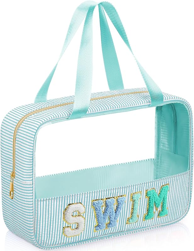 Seersucker Swim Bag Chenille Letter Clear Makeup Bag with Handle and Zipper Seersucker Stripe Preppy Women Cosmetic Pouch for Storage Travel Organizer(Lake Blue)