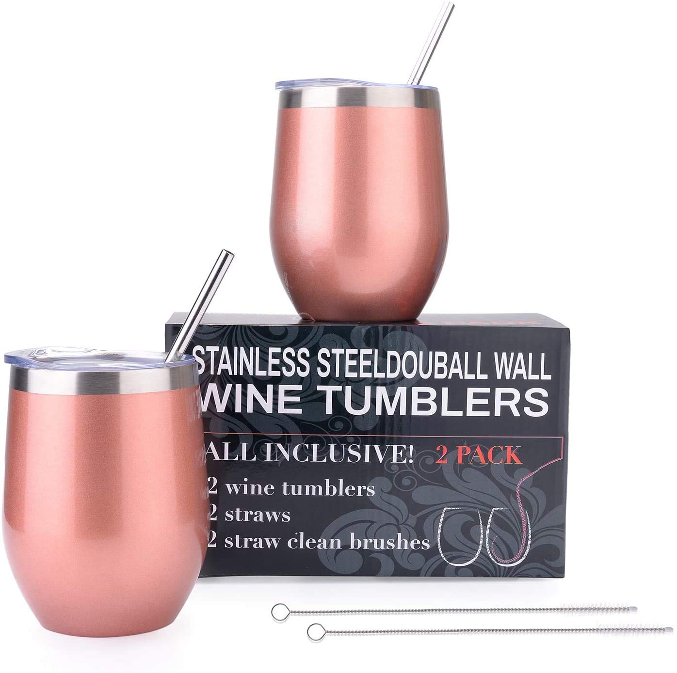 EKKONG Weingläser aus Edelstahl, Weinbecher mit Deckel (2er Set), Doppelwandige Reisebecher