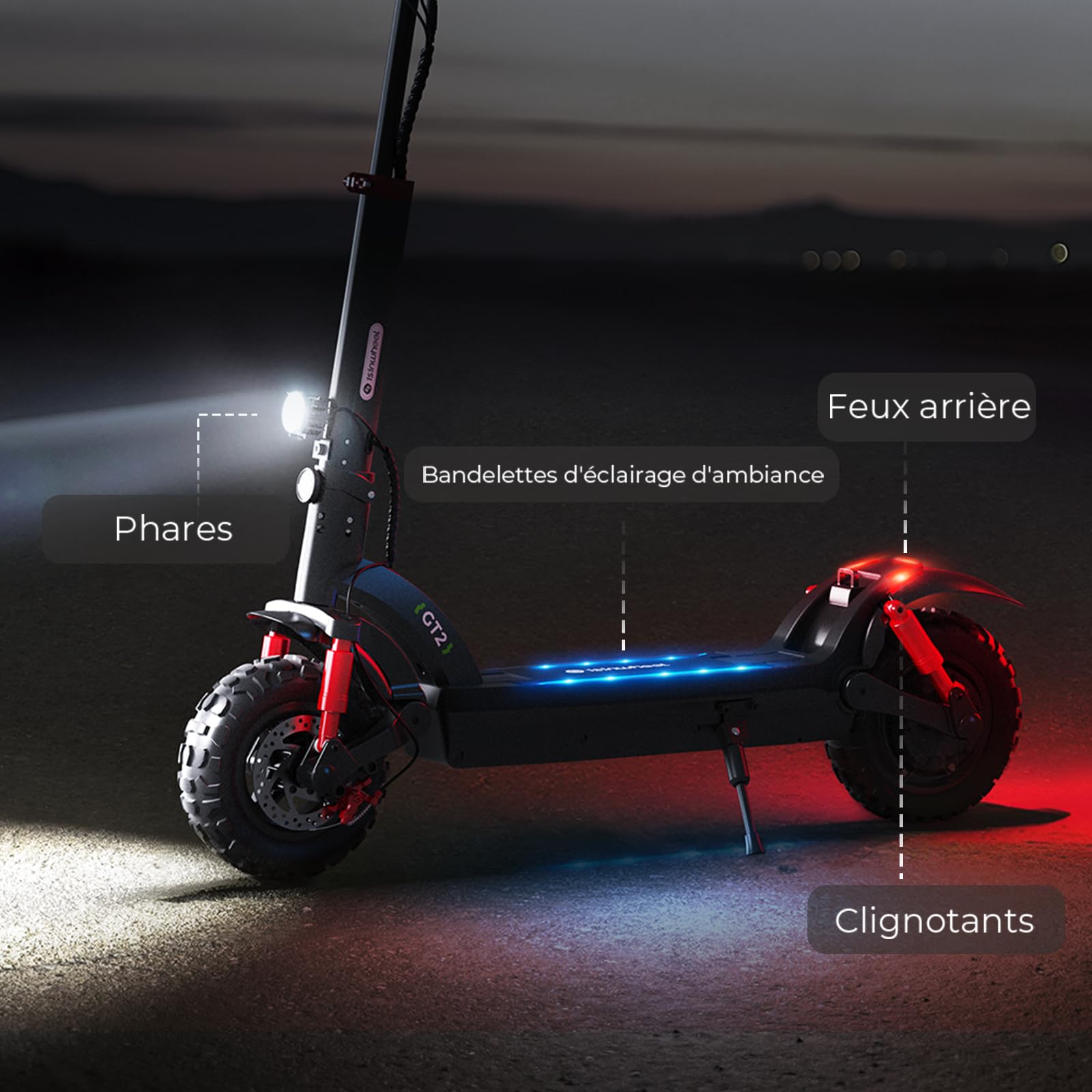 isinwheel GT2 Trottinette Électrique Adulte 1200W,Batterie 48V 15Ah,Autonomie 60KM,Pliable Tout Terrain avec Amortisseurs Avant/Arrière,APP,Clignotants,Éclairage Ambiance,Charge Max 150KG