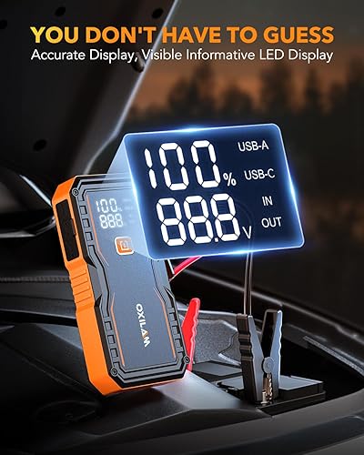 Miniatura 8 de OXILAM Arrancador de 6000 A para todo gasolina12L diésel, arrancador de batería de automóvil portátil, caja de salto de litio de 12 V con cables de