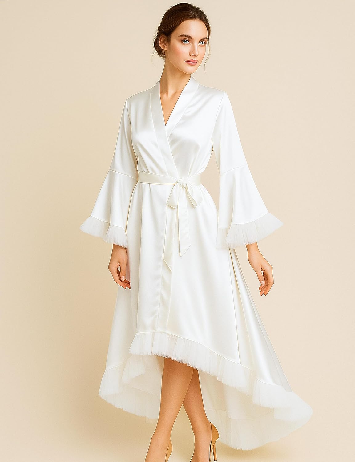 EPLAZA Bride Robe for Wedding Day Bridal Robe Pleated Sleeves Silk Long Robe Getting Ready Outfits Bachelor Party - Image 4