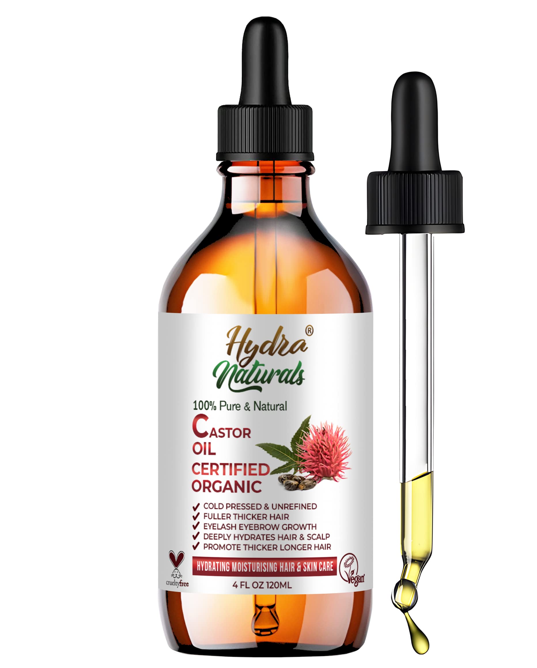 Castor Oil Cold Pressed – 100% Pure, Organic, Unrefind & Hexane-Free | Hair Growth Oil for Scalp, Brows & Lashes | Skin & Beard Care Deep Moisturizing Carrier Oil 120ml