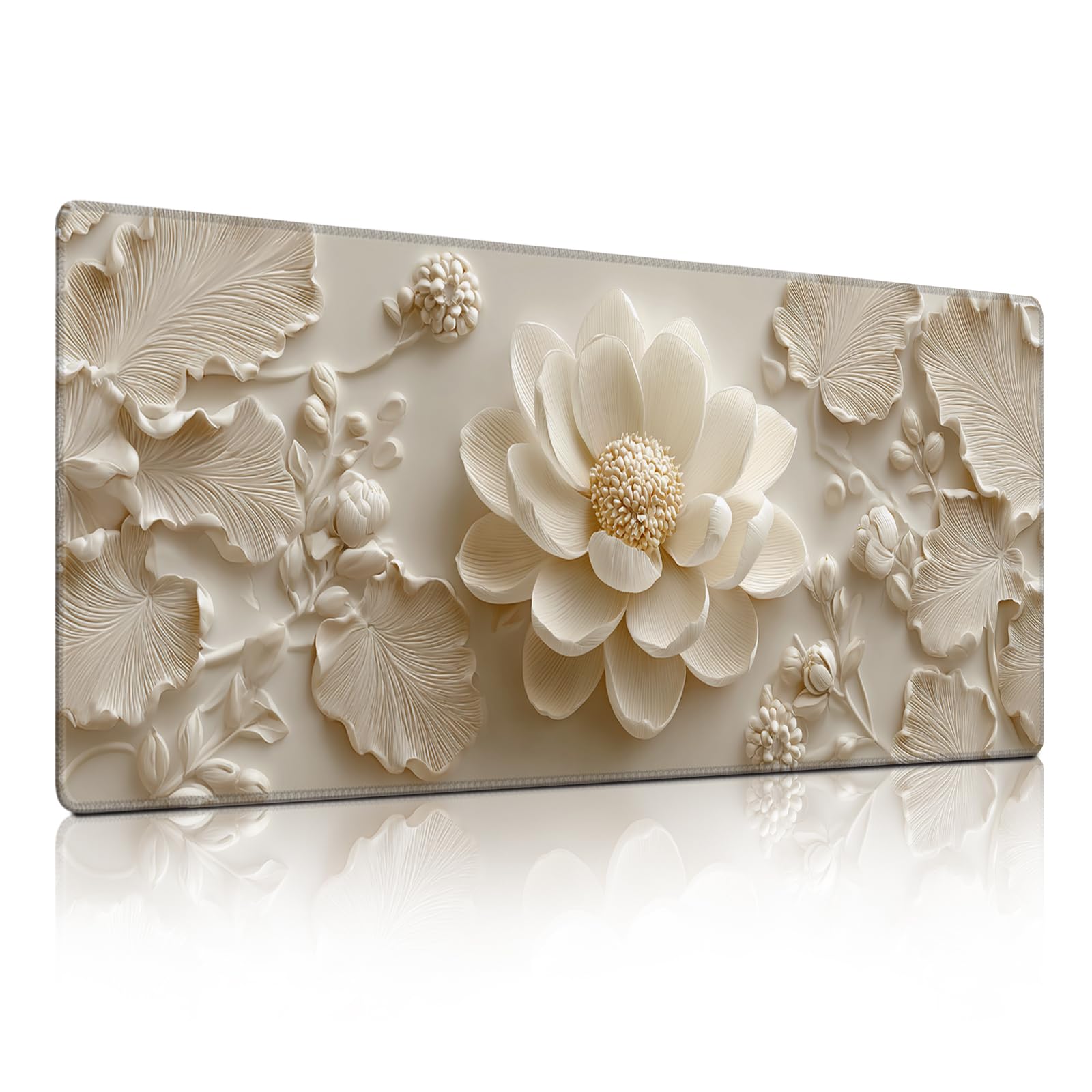 Lotus Relief Mouse Pad, Luxury Beige Water Lily &amp; Leaf Decor Desk Mat - Large Non-Slip Office PC Laptop Desk Pad - 35.5"x15.7" x 3mm