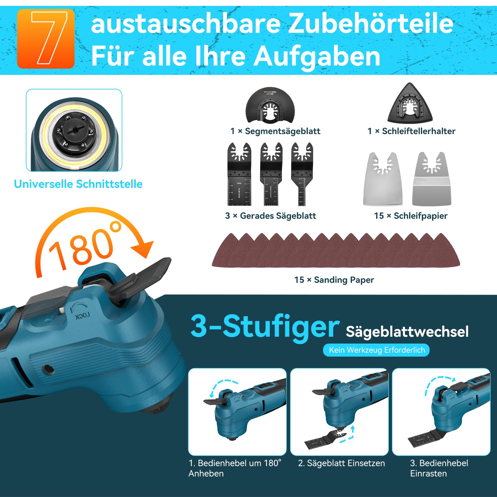 Yofuly Akku Multifunktionswerkzeug Kompatibel mit Makita 18V Akku, Multitool 6 Stufige Geschwindigkeit + Automodus, Geringer Amplitude Bürstenloser Motor mit 2x 4.0Ah Akkus, 23 Zubehör