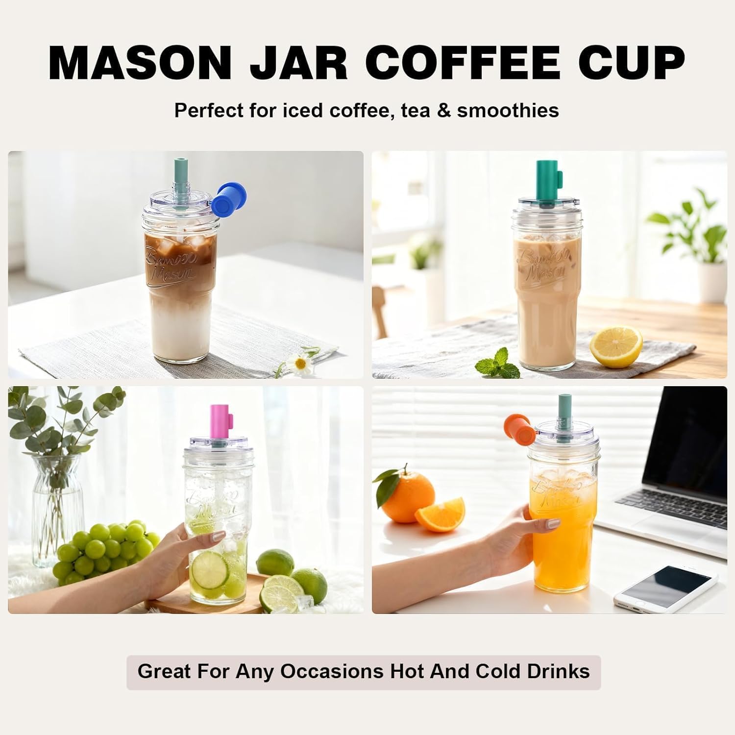 ANOTION Bamboo Mason 24oz Glass Tumbler with Straw Leakproof Lid, Mason Jar Cups 4 Color Caps, Self-Assembly Leak-Proof Lid Straw, Reusable Iced Coffee Cup, Mason Jar Drinking Glass Coffee Gifts - Image 6