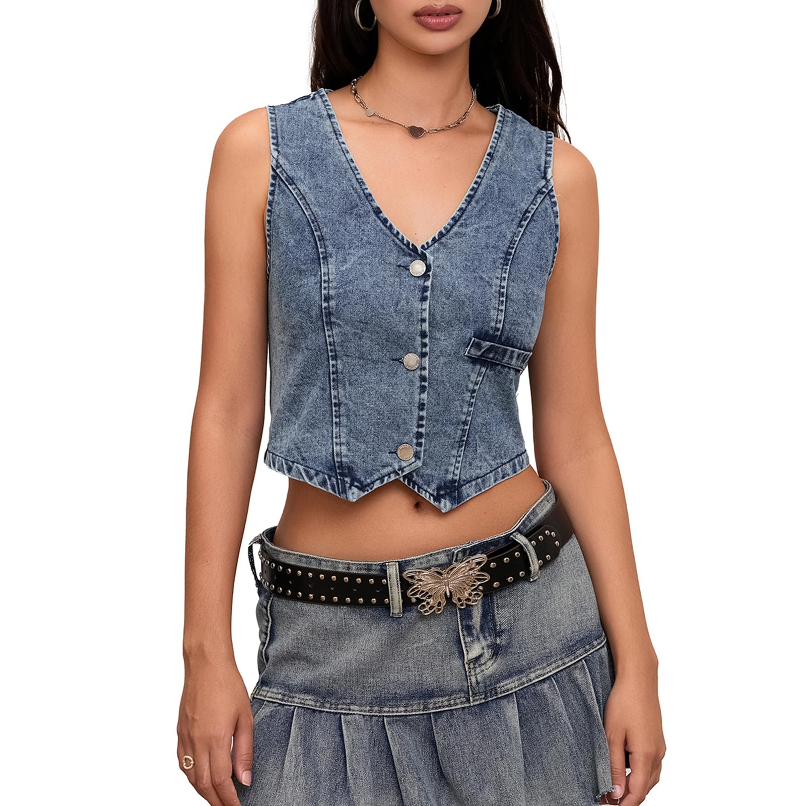 Felcia Women Summer Sleeveless Denim Waistcoat Sexy V Neck Button Down Denim Vest Casual Cropped Going Out Jean Tops (K-Blue, XL)
