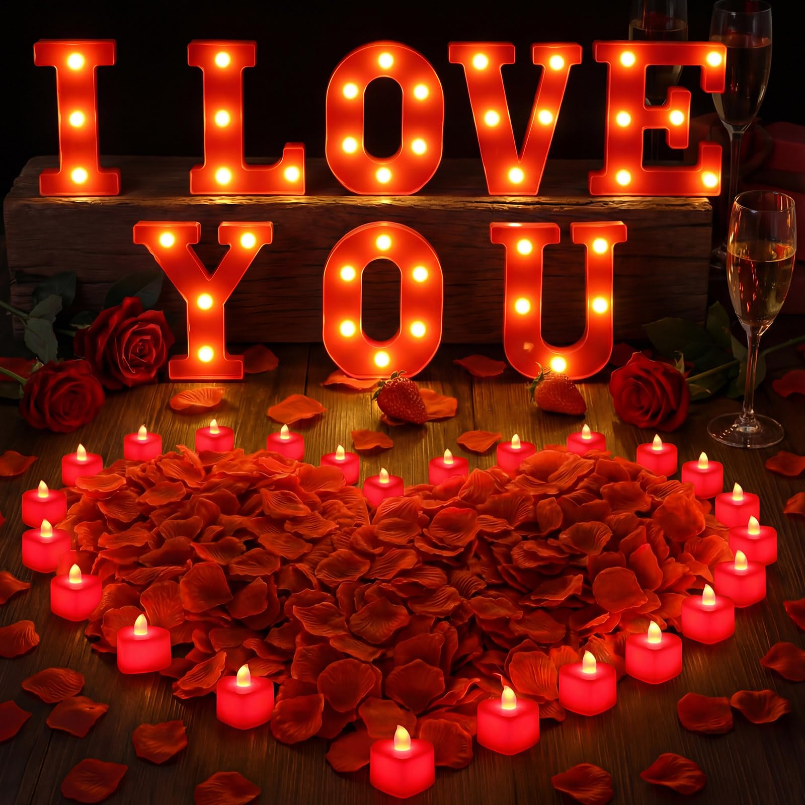Lettres lumineuses « I Love You » avec 24 bougies LED sans flamme en forme de cœur - 2 000 faux pétales de rose - Décorations romantiques et spéciales pour la Saint-Valentin, un mariage, des