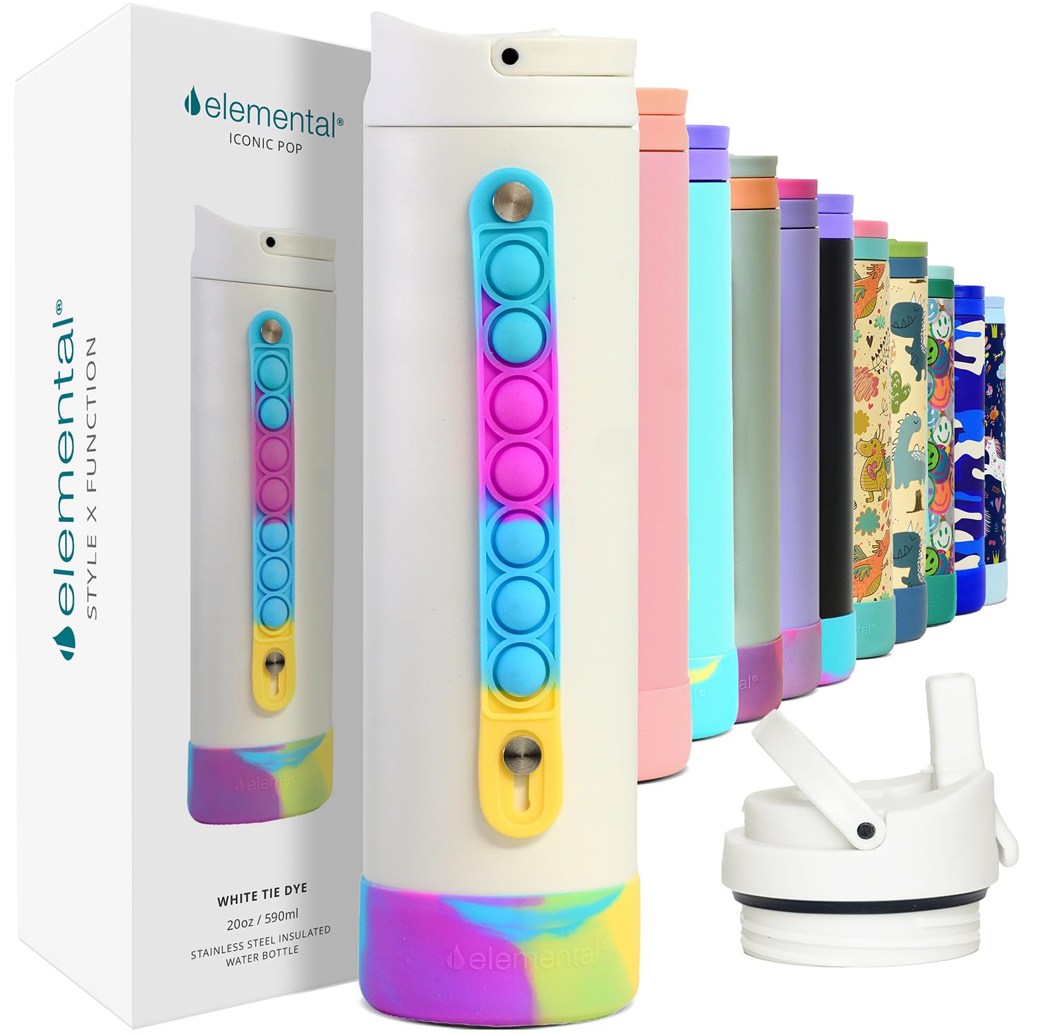 Elemental Iconic Kids Water Bottle for School - 100% Leak-Proof Insulated Water Bottles with Straw Lid & Pop-It Handle for Boys & Girls - Triple-Wall