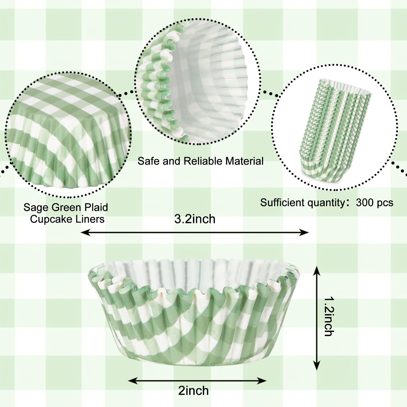 Whaline 300Pcs Sage Green Plaid Paper Baking Cups Green Checkered Cupcake Liners Small Cake Baking Cups Muffin Cupcake Wrappers for One Lucky Duck Birthday Baby Shower Wedding Party, 2x1.2 Inch