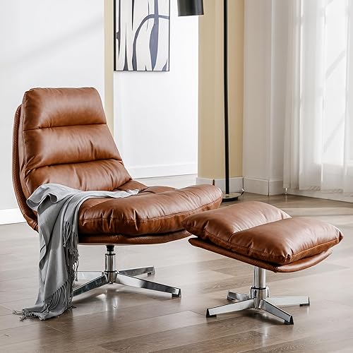 Miniatura 9 de Silla giratoria moderna para sala de estar, sillas de lectura de piel sintética con base giratoria de metal, sillas con brazos para interiores sin