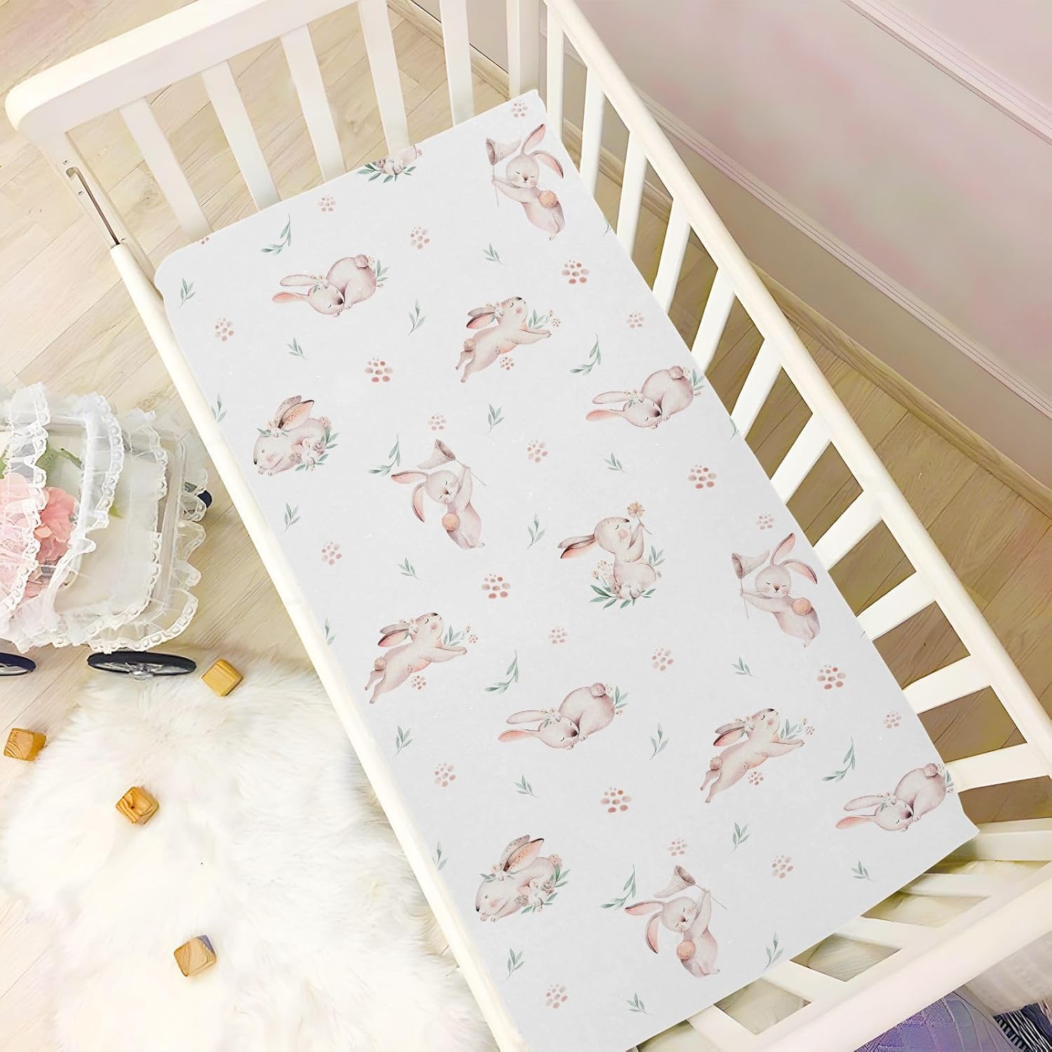 CaTaKu Baby Crib Sheets Cute Rabbit Bunny Woodland Mini Crib Sheets Fitted for Girls Boys,Neutral Soft Toddler Mattress Bed Sheets for Crib,28"x 52"