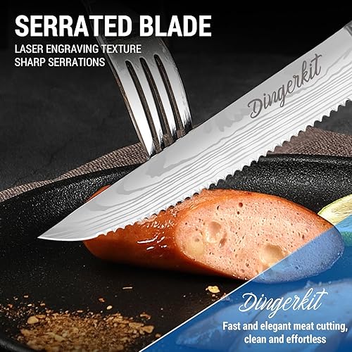 Miniatura 7 de Dingerkit Juego de 4 cuchillos para carne, cuchillos dentados hechos de acero de alto carbono, juego de cuchillos negros para carne, juego de