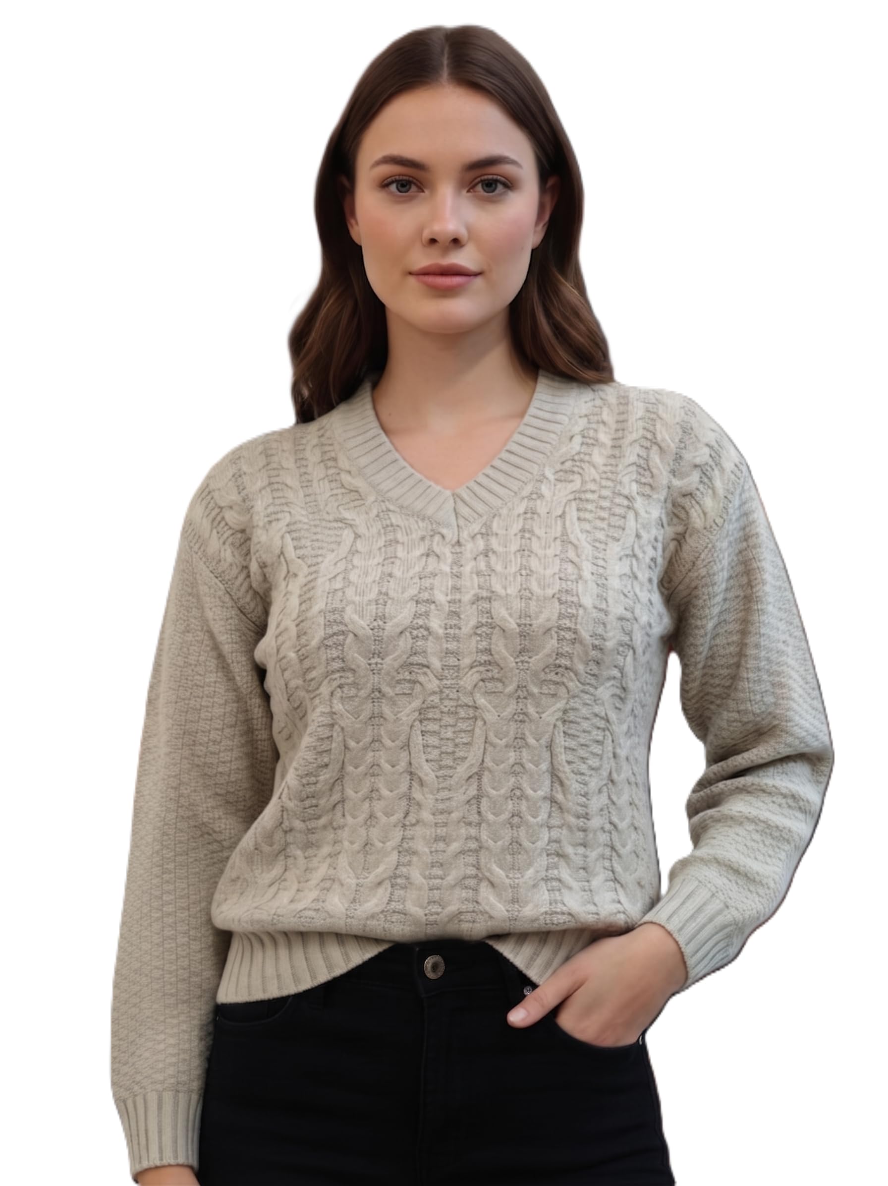 women v neck self design full sleeve acrylic pullover sweater for winter wear
