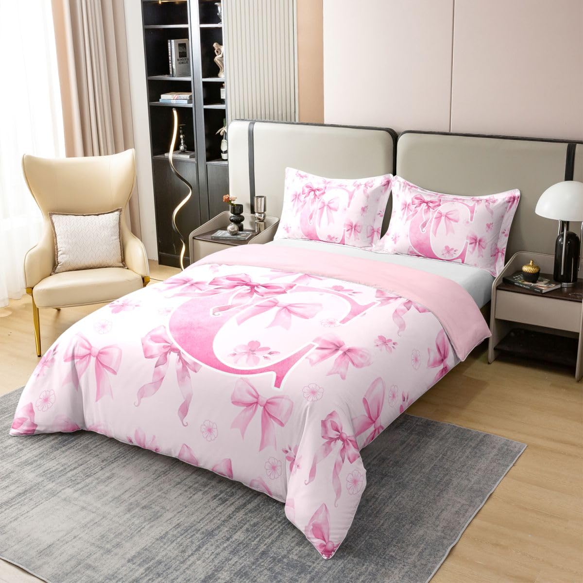 Homewish Początkowa kokarda litera C, akwarela kwiaty wiśni super king zestaw pościeli preppy monogram bawełna poszewka na kołdrę różowa kokardka poszewka na kołdrę zestawy pościeli