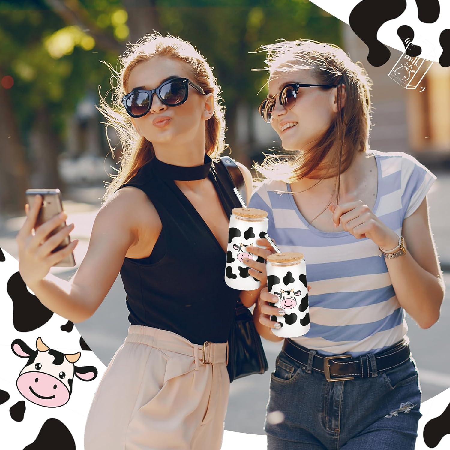 12 Set Cow Glass Cups with Bamboo Lids and Straws 16oz Cute Cow Print Tumblers Ice Coffee Cup for Birthday Party Drink Decoration Christmas Idea Gifts for Women