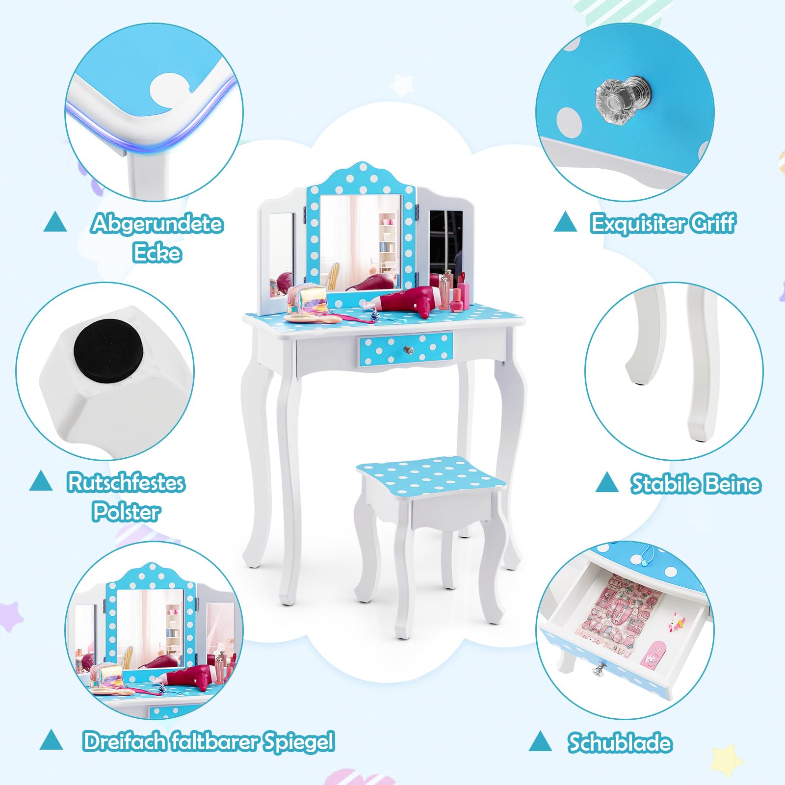 DREAMADE 2 in 1 Schminktisch Kinder mit Hocker und Abnehmbarer Spiegel, Prinzessin Frisiertisch mit Schublade Kosmetiktisch aus Holz, Kinderschminktisch für mädchen (Pünktchenmuster-Blau)