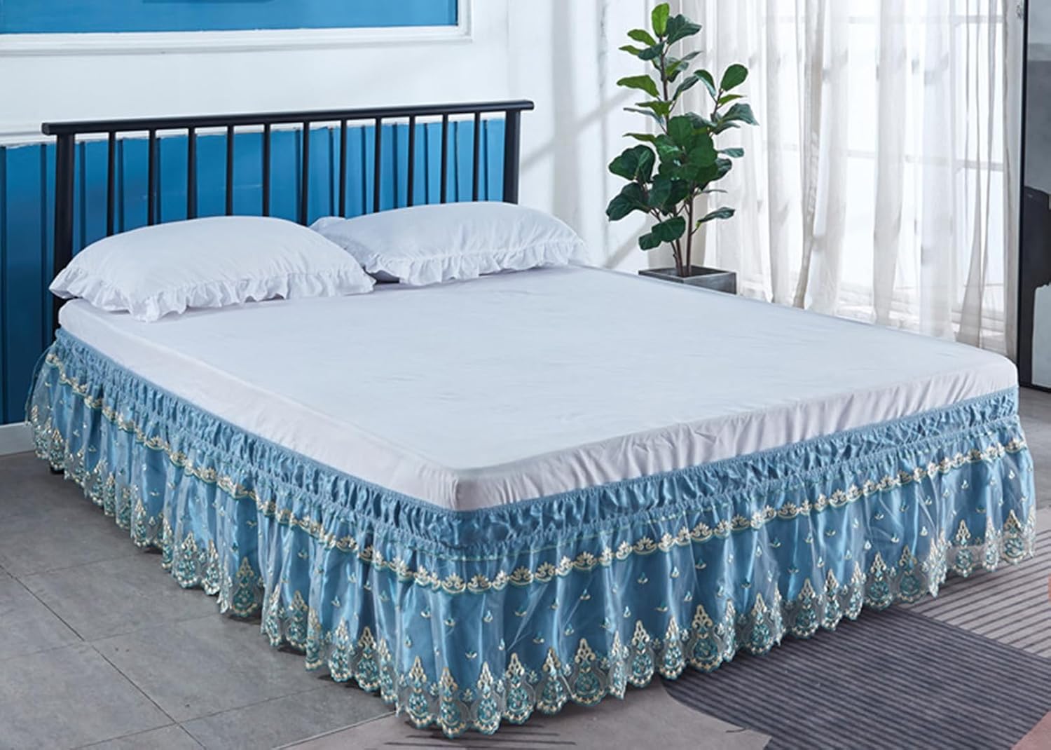 Vintage Lace Mesh Ruffled Bedskirt,Wrap-Around Bed Skirt Bed Sheet Case Dust Sheet,14.9" Drop