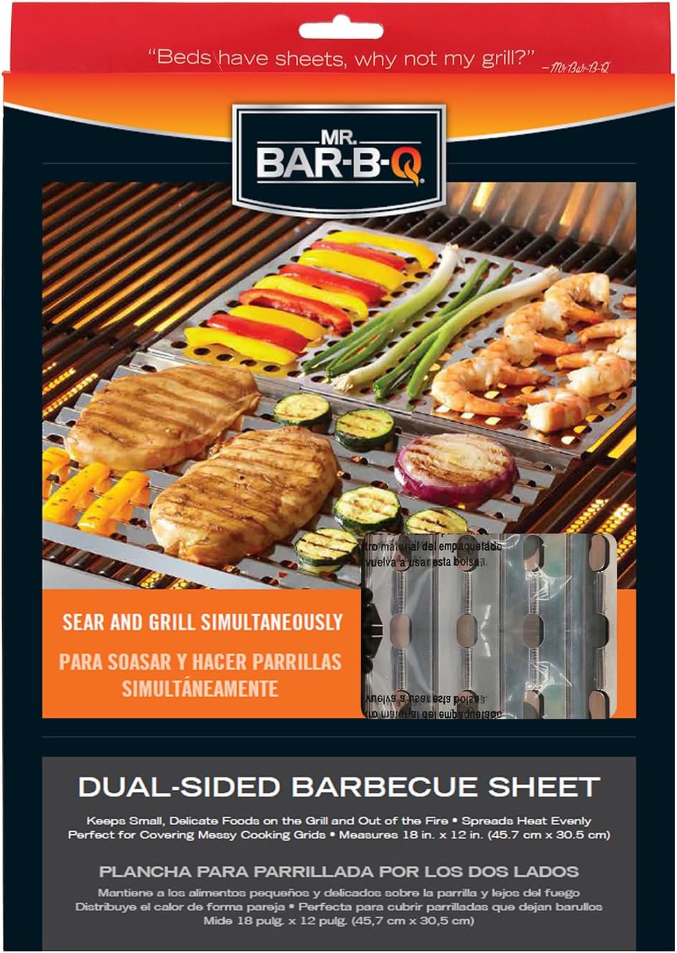 Mr. Bar-B-Q 06039Y Dual Sided Reusable BBQ Sheet | Commercial Grade Stainless Steel | Easy to Use Grilling Accessories | Perfect for Covering Messy Grids | Great for Delicate Foods | 12 x 18 Inches