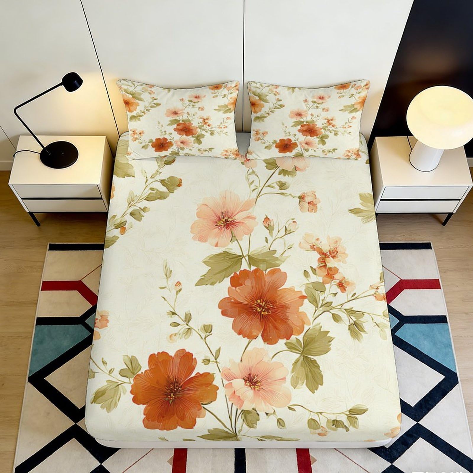 3D Printed Orange Floral Fitted Sheet Microfiber Soft Touch Botanical Mattress Cover for Bedroom Guest Room Decor 90x200x25cm