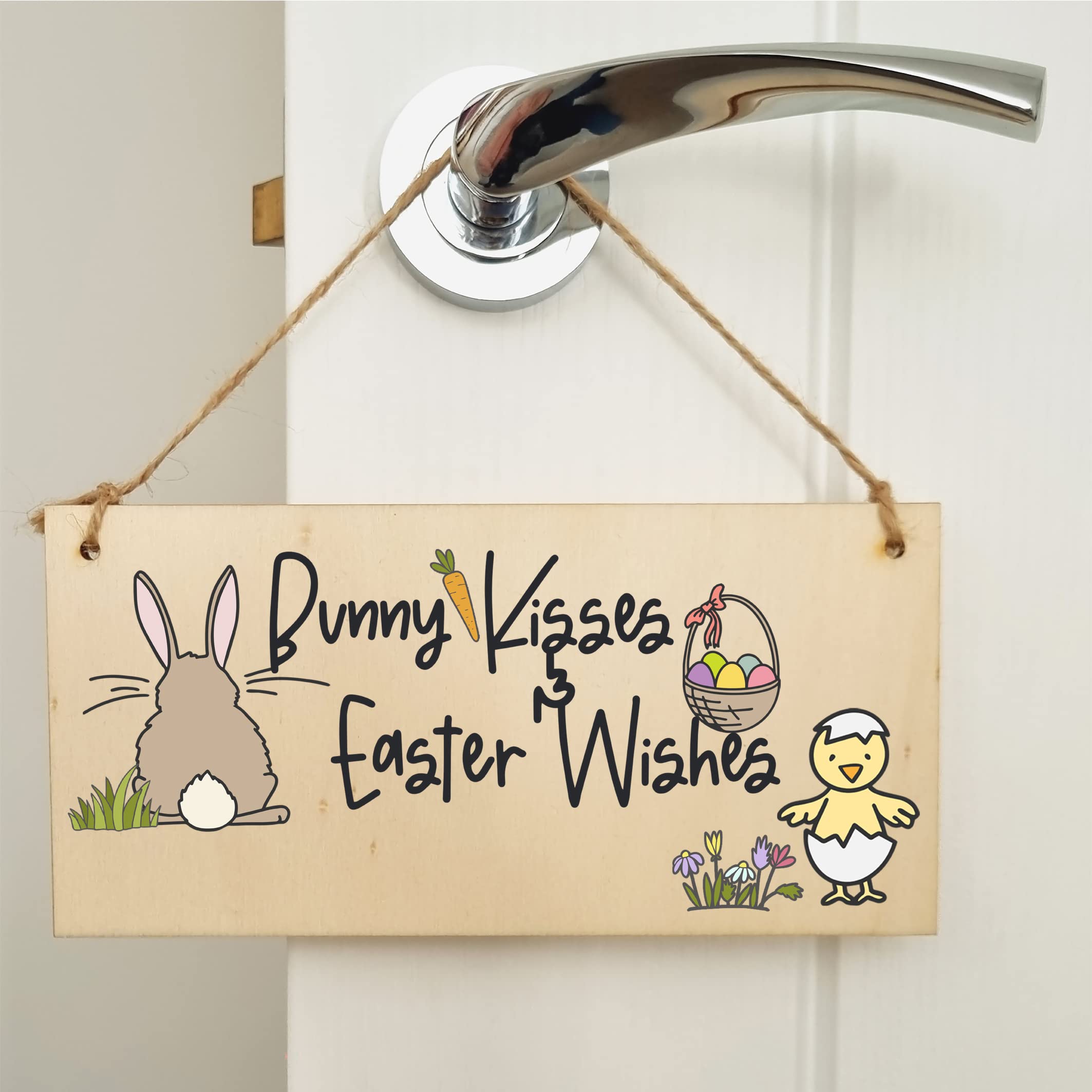 The Plum Penguin Handmade Wooden Hanging Wall Plaque Bunny Kisses Easter Wishes Cute Fun Easter Sign Garden Kitchen Decoration - Image 4